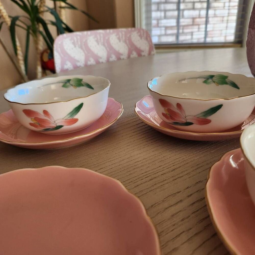 Vintage Japanese Arita ware dessert custard cups pastel cream pink floral set of - Picture 8 of 8